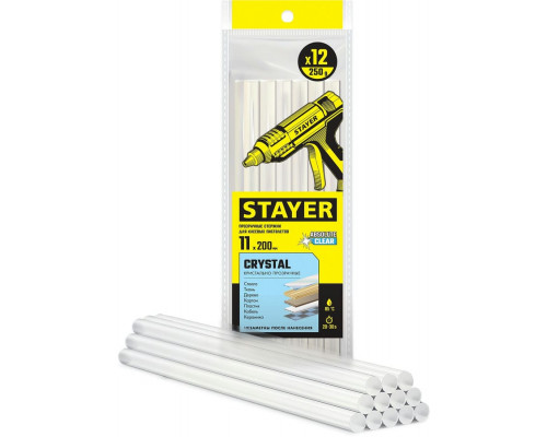 STAYER  Cristal 11х200 мм, 12 шт, Универсальные клеевые стержни прозрачные, (0682-12)