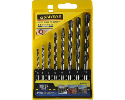 STAYER ProHammer 8 шт: d  3-4-5-6-6-8-8-10 мм набор сверл по бетону PROFESSIONAL