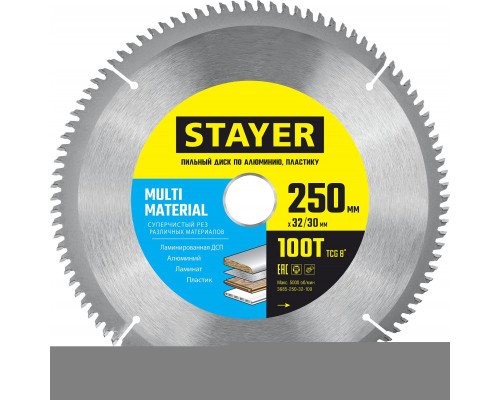 STAYER MULTI MATERIAL 250х32/30мм 100Т, диск пильный по алюминию, супер чистый рез