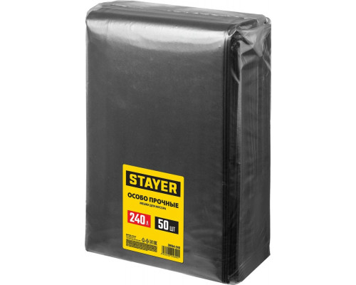STAYER  HEAVY DUTY 240 л, чёрные, 50шт, особопрочные, строительные мусорные мешки (39154-240)