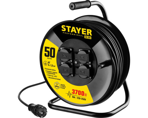 STAYER  RX-315 КГ 3х1.5 50м 3700Вт IP44, Силовой удлинитель на стальной катушке (55077-50)